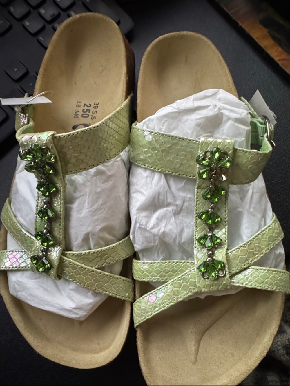 Betula Women's Green Jeweled T-Strap Sandals